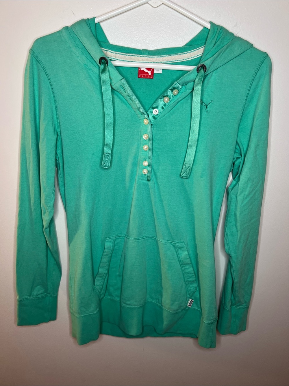 Puma Teal Green Henley Hoodie with Satin Drawstrings